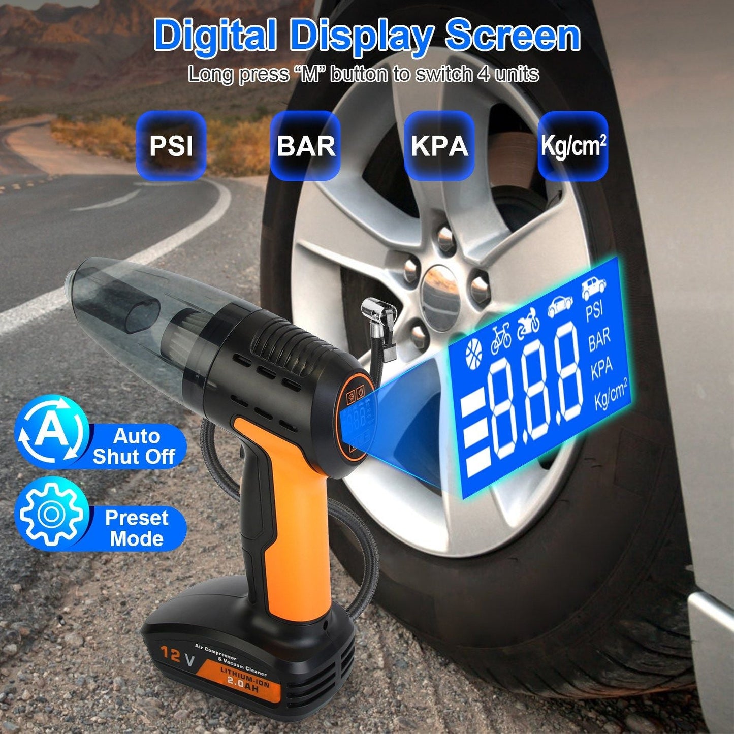 4 In 1 Cordless Car Vacuum Cleaner and Tire Inflator with LED Light